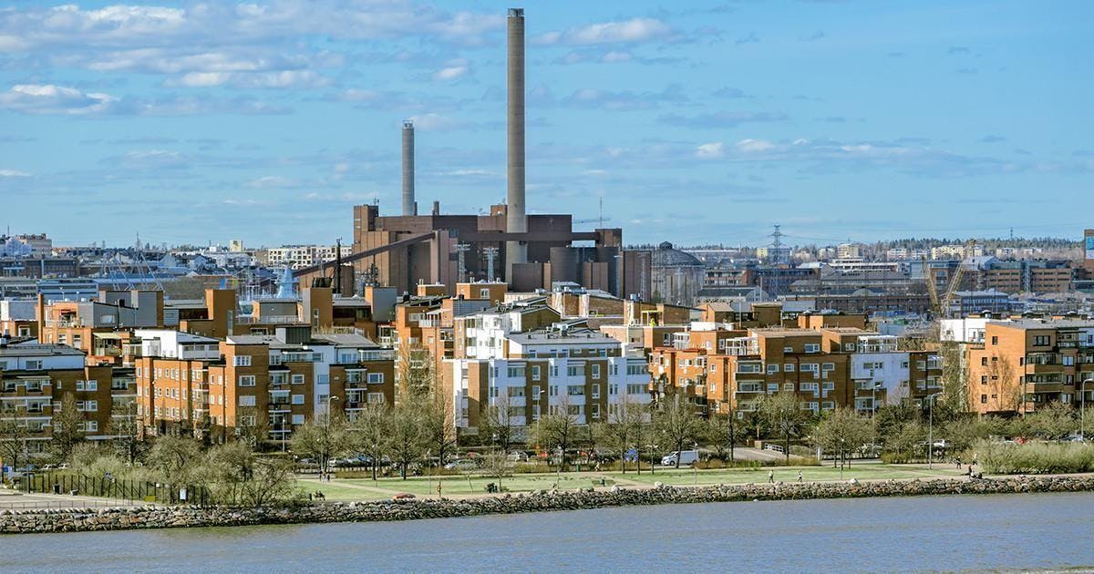 Regional coal-fired cogeneration power plant Hanasaari on embankment in Helsinki, Finland