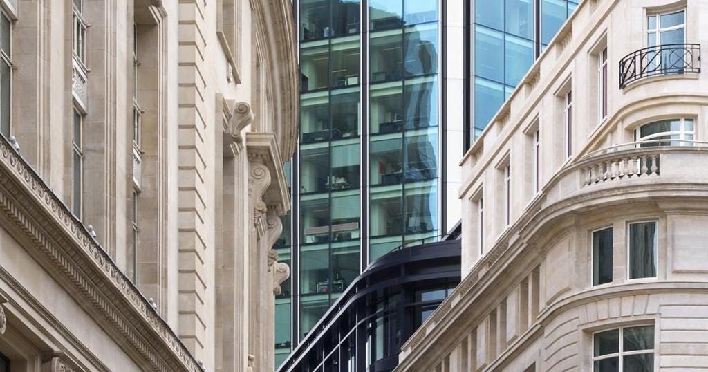 A composition of old and new city buildings in the heart of the Financial Centre of the City of London. This image  depicts the harmonious blend of old and new City Architecture.