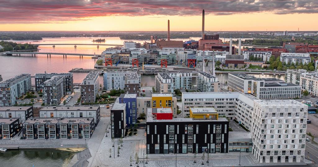 Jatkasaari and Ruoholahti neighborhoods of Helsinki, Finland. Modern Nordic architecture